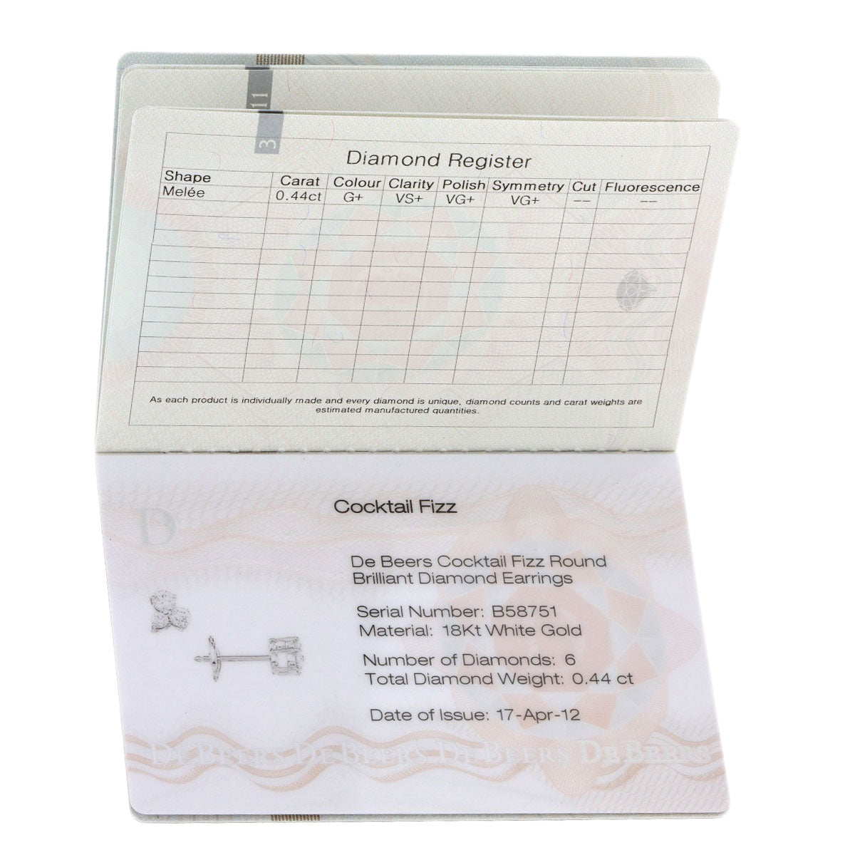 De Beers Earring Diamond cocktail fizz K18 White Gold Ladies