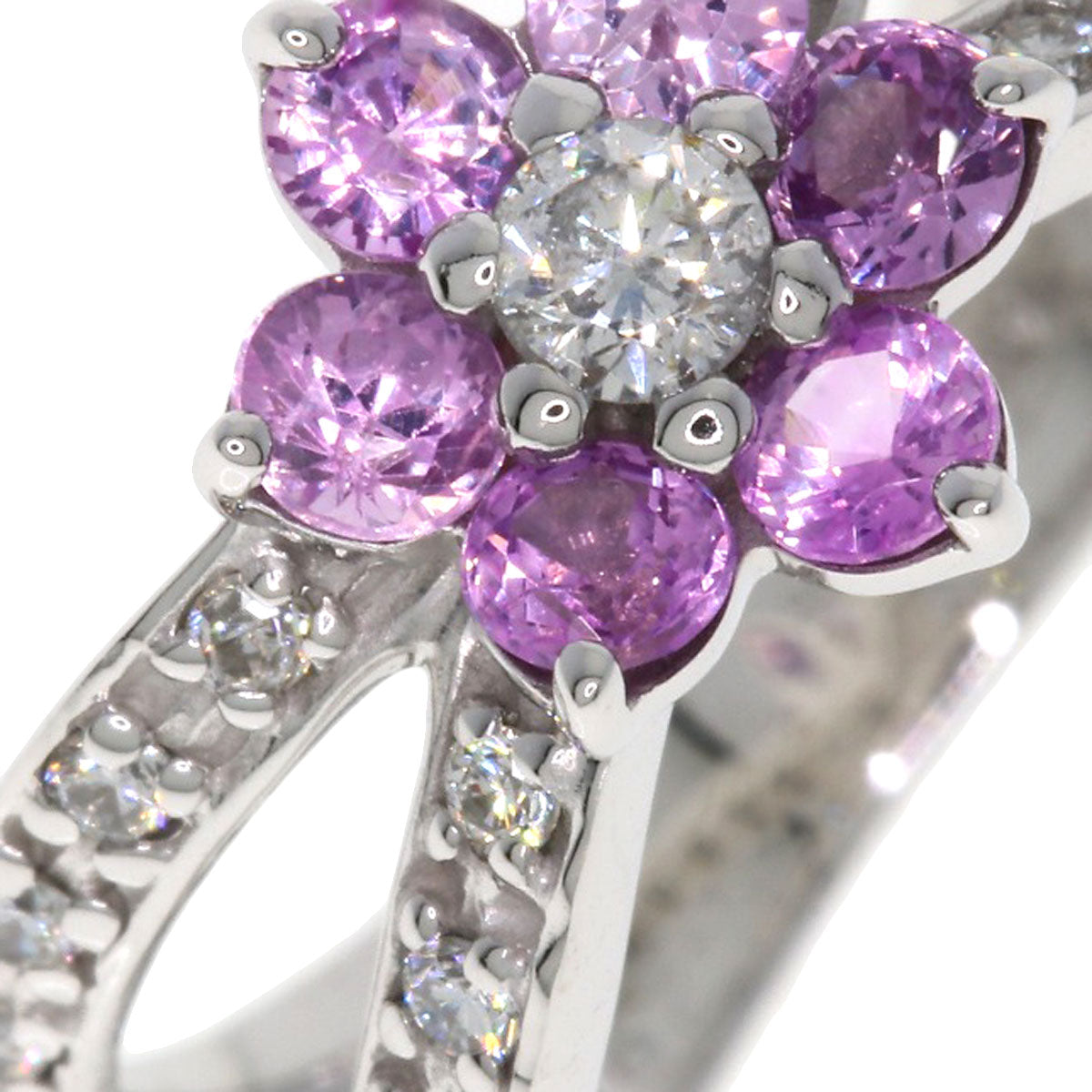 0.58ct Flower Motif Pink Sapphire Diamond Ring K18 White Gold 3.6g Ladies