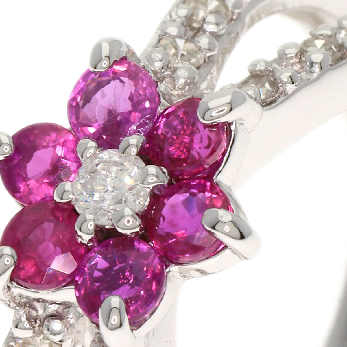 0.22ct Flower Diamond Ruby Ring K14 White Gold 3.2g Ladies
