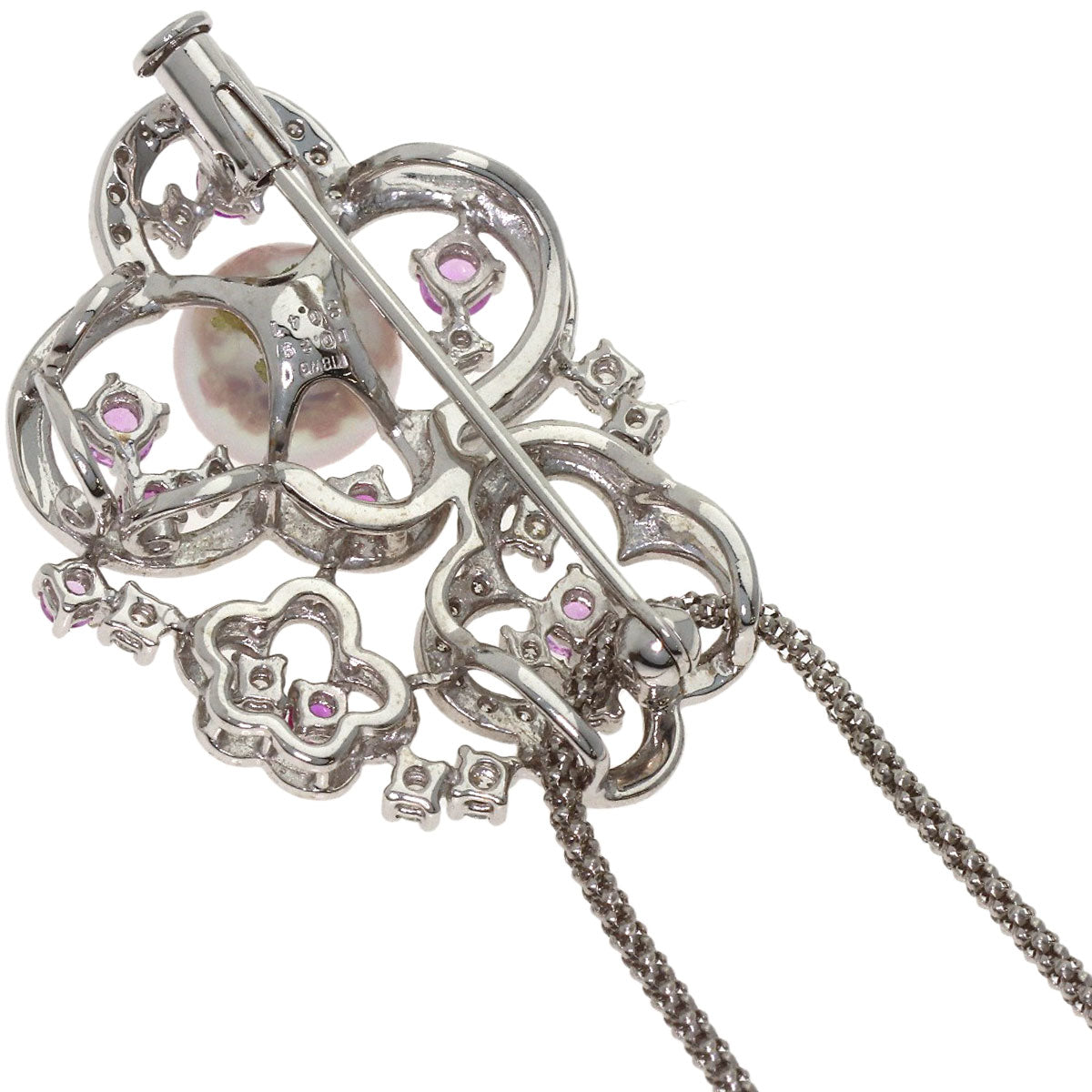 0.47ct Akoya Pearl, Pink Sapphire, Diamond Necklace K18 White Gold K14WG 10.9g　Ladies