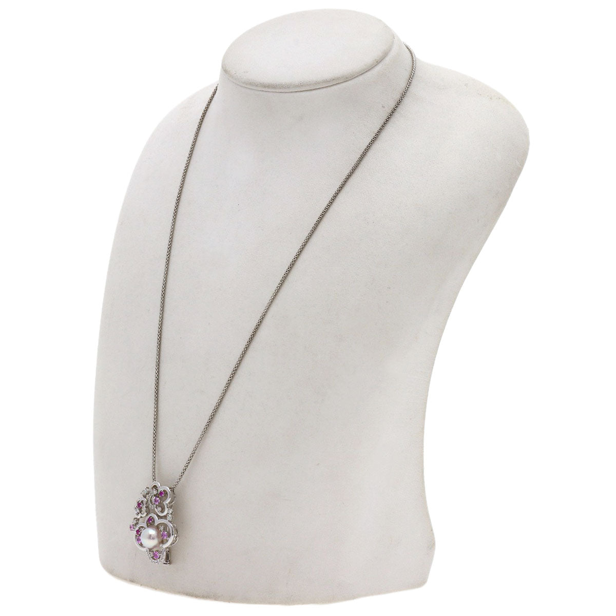 0.47ct Akoya Pearl, Pink Sapphire, Diamond Necklace K18 White Gold K14WG 10.9g　Ladies