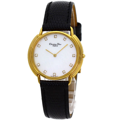 CHRISTIAN DIOR 12P Diamond Watches 59.121.2 Gold Plated/Leather Ladies