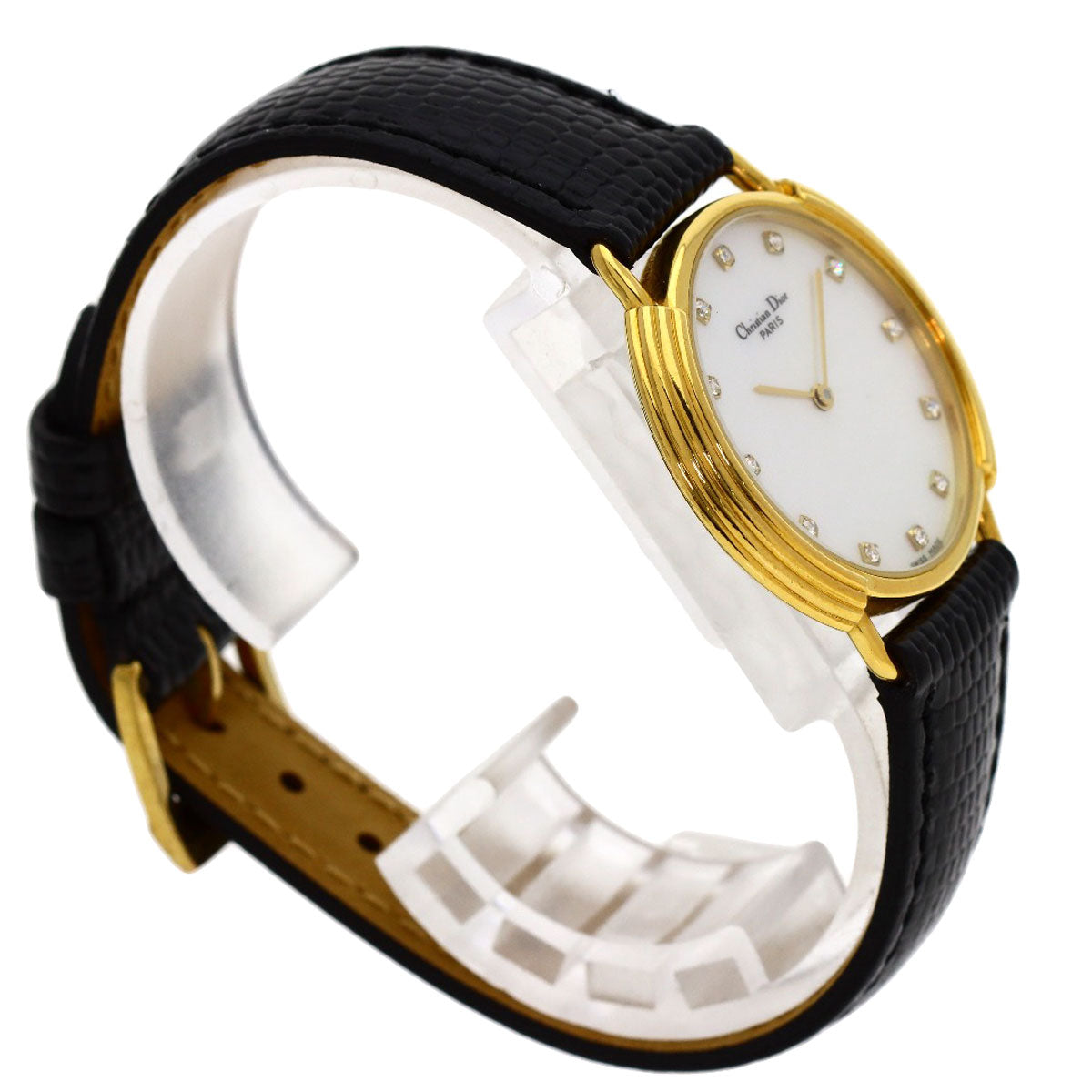 CHRISTIAN DIOR 12P Diamond Watches 59.121.2 Gold Plated/Leather Ladies