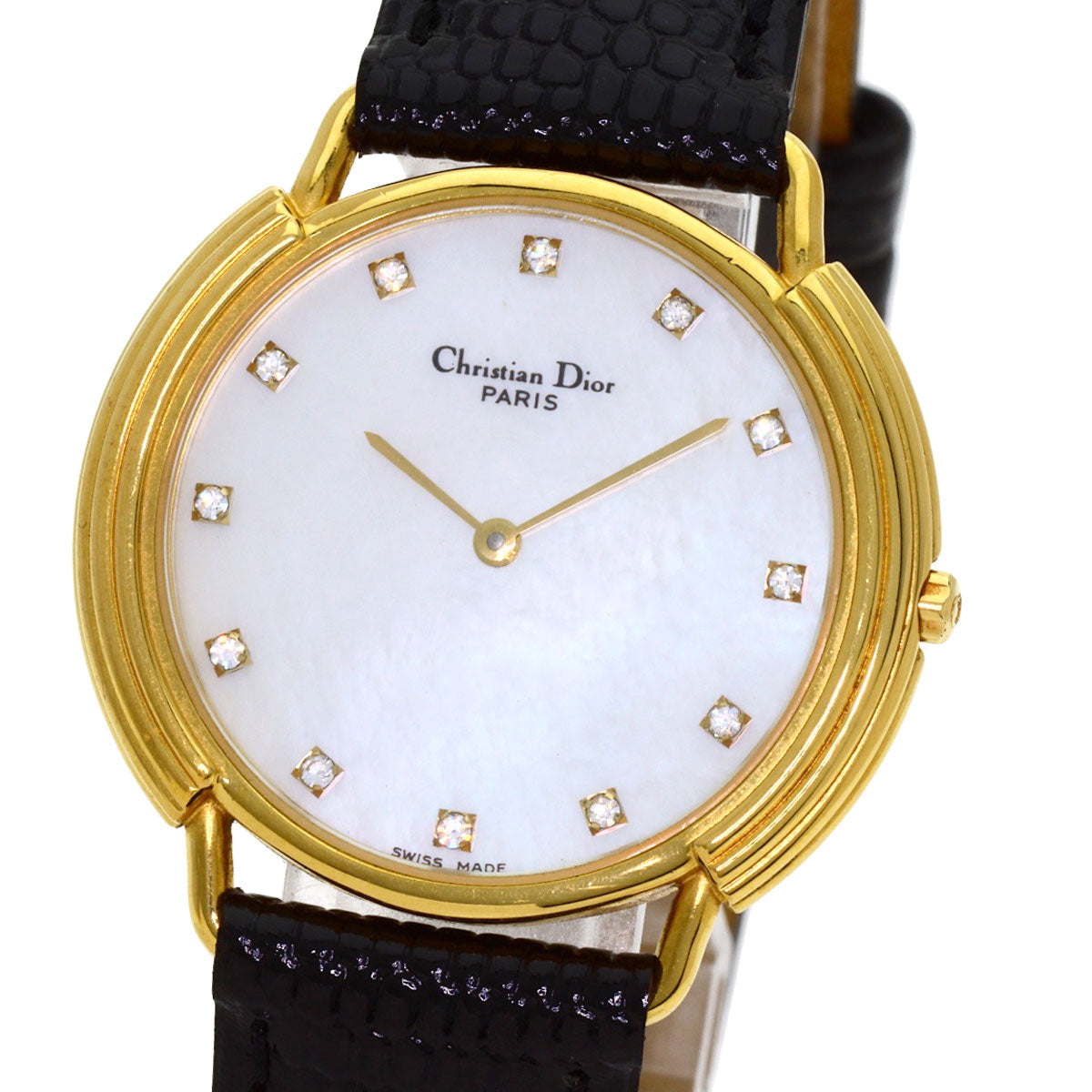 CHRISTIAN DIOR 12P Diamond Watches 59.121.2 Gold Plated/Leather Ladies