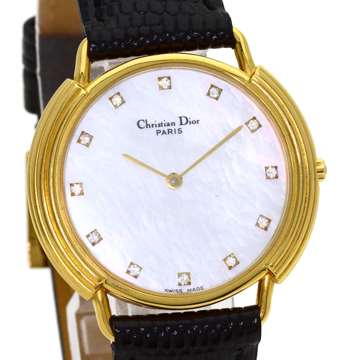 CHRISTIAN DIOR 12P Diamond Watches 59.121.2 Gold Plated/Leather Ladies