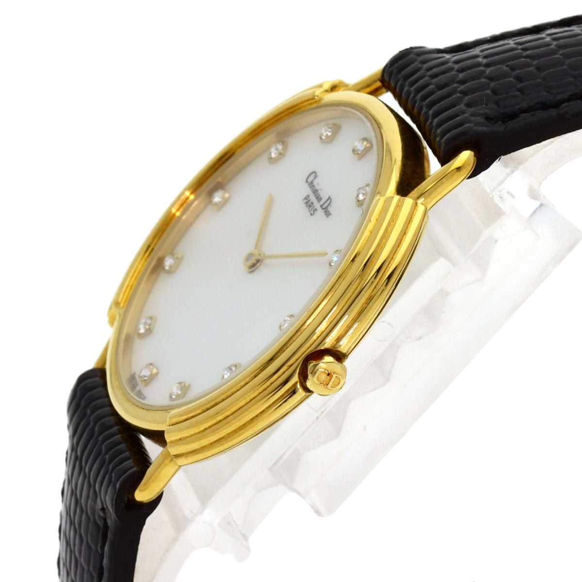 CHRISTIAN DIOR 12P Diamond Watches 59.121.2 Gold Plated/Leather Ladies