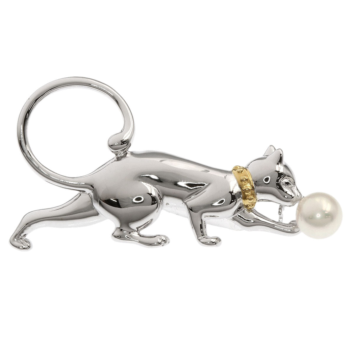 MIKIMOTO Cat motif Akoya pearl Brooch Silver Ladies [Used]