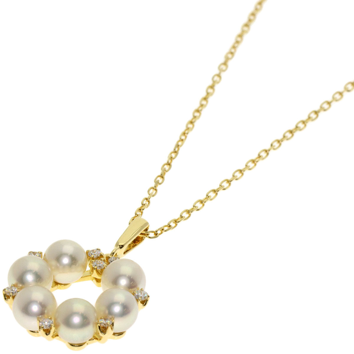 MIKIMOTO Circle Pearl Pearl Diamond Necklace K18 Yellow Gold Ladies [Used]