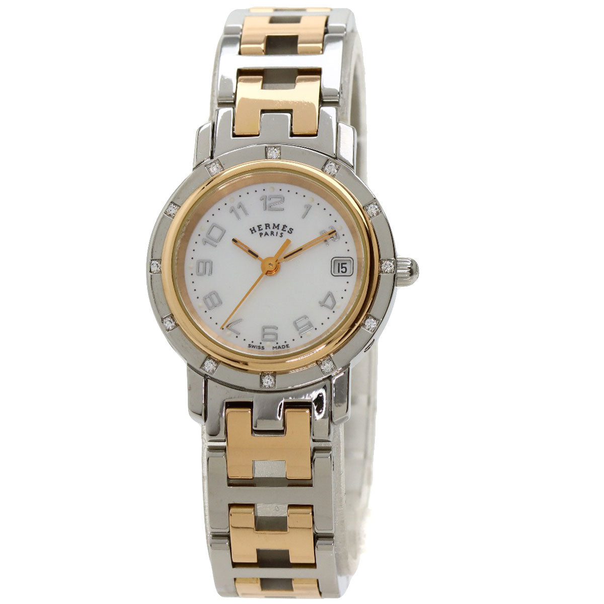 HERMES Clipper Nacre 12P DiamondBezel Watches CL4.222 Stainless Steel/SSxPGP Ladies