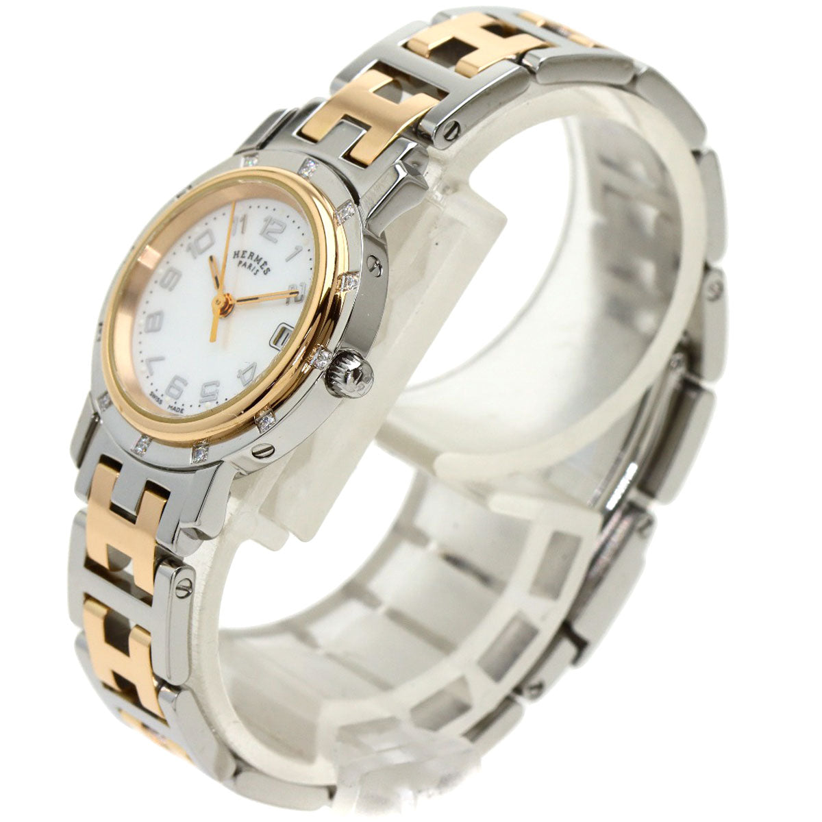 HERMES Clipper Nacre 12P DiamondBezel Watches CL4.222 Stainless Steel/SSxPGP Ladies