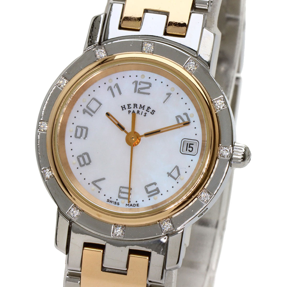 HERMES Clipper Nacre 12P DiamondBezel Watches CL4.222 Stainless Steel/SSxPGP Ladies