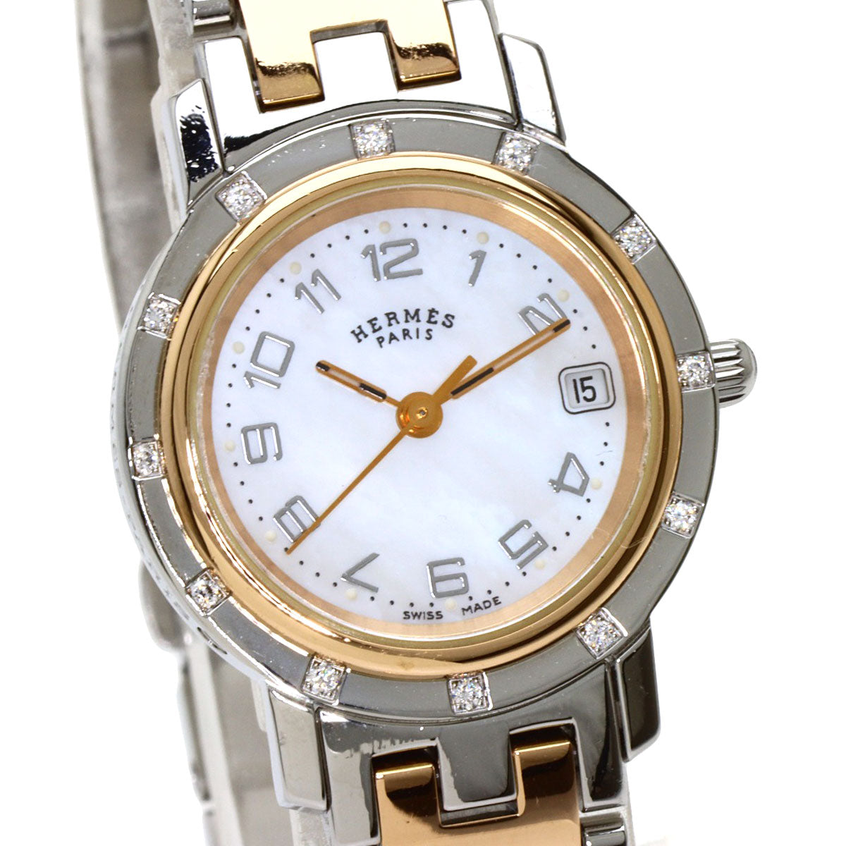 HERMES Clipper Nacre 12P DiamondBezel Watches CL4.222 Stainless Steel/SSxPGP Ladies