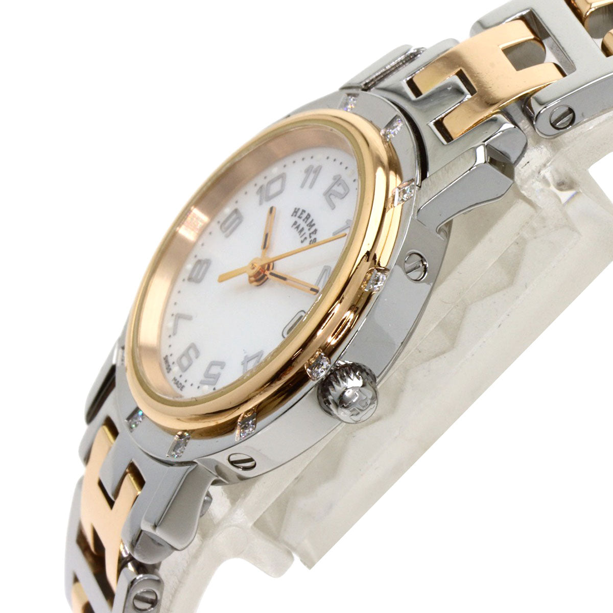 HERMES Clipper Nacre 12P DiamondBezel Watches CL4.222 Stainless Steel/SSxPGP Ladies