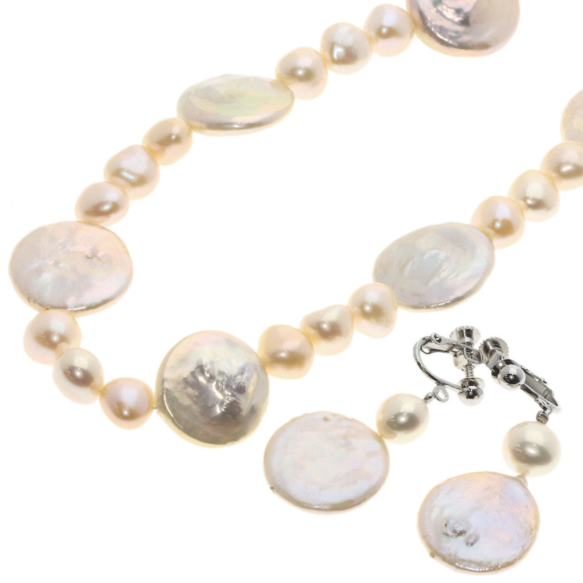 Pearl Pearl Earring set Necklace Silver  107g　Ladies