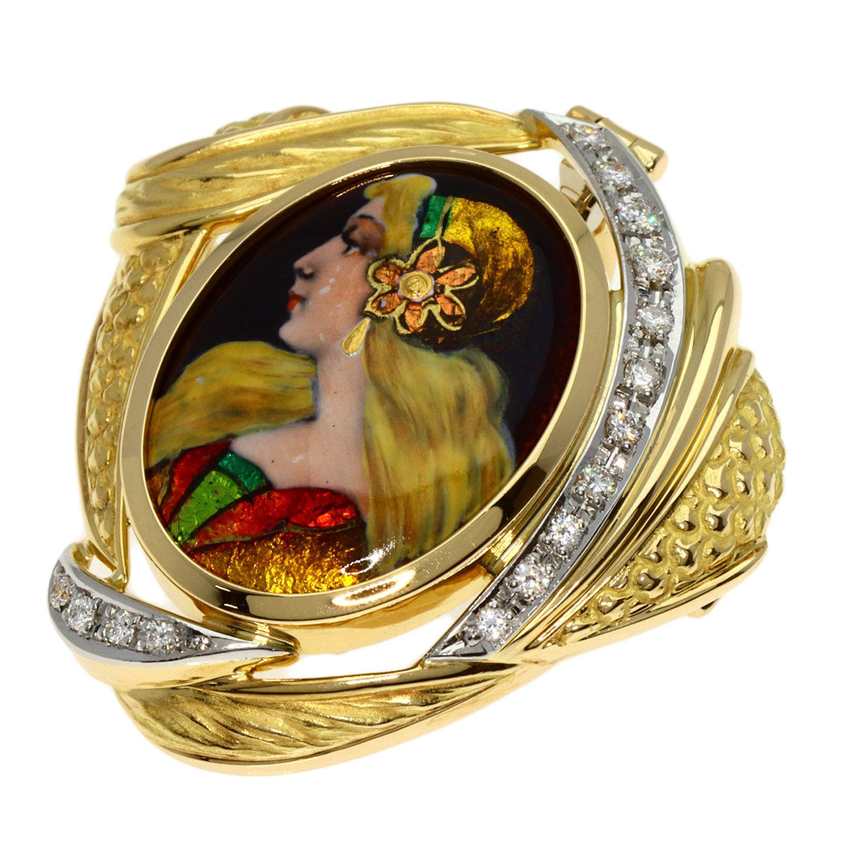 MITSUO KAJI Enamel Cloisonné Diamond Brooch K18 Yellow Gold PT900Ladies [Used]