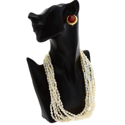 Agate Freshwater Pearl 8 Row Earring Set Necklace Metal g　Ladies