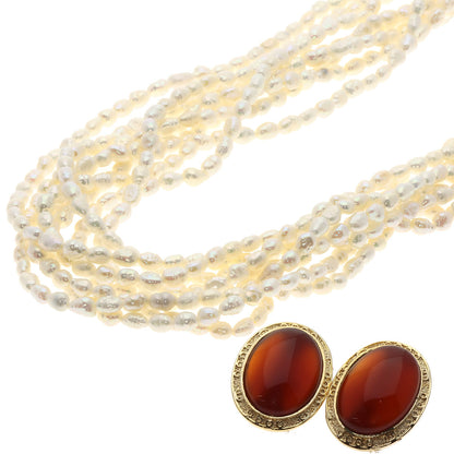 Agate Freshwater Pearl 8 Row Earring Set Necklace Metal g　Ladies