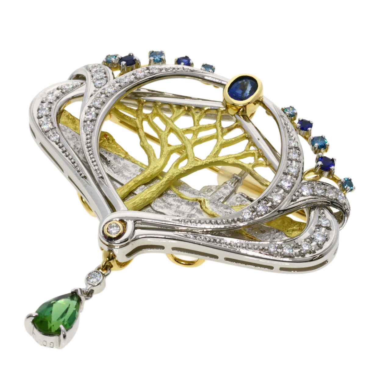 NOBUKO ISHIKAWA as time Tourmaline Sapphire Diamond Brooch Platinum PT900 18K Yellow GoldLadies [Used]