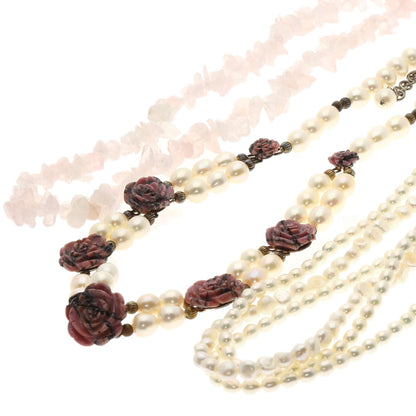 Rhodonite Flower Motif Rose Quartz Freshwater Pearl 3 Piece Set Necklace Silver  g　Ladies