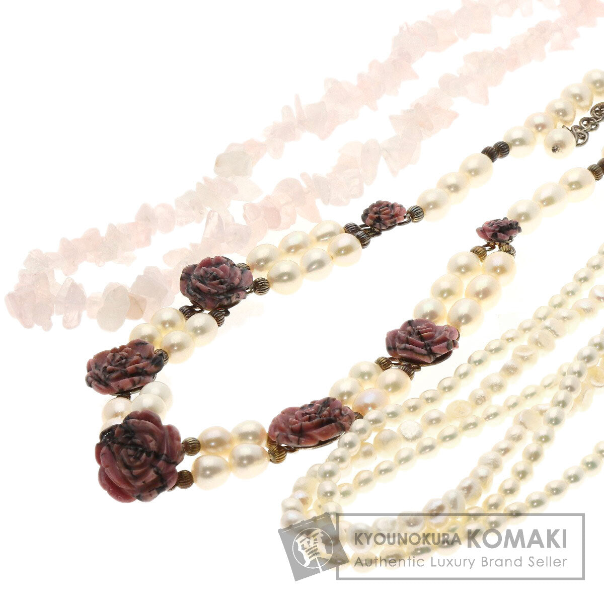 Rhodonite Flower Motif Rose Quartz Freshwater Pearl 3 Piece Set Necklace Silver  g　Ladies