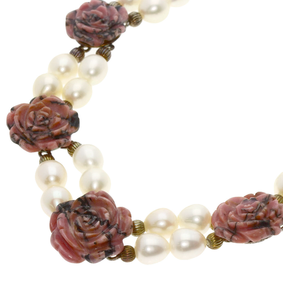 Rhodonite Flower Motif Rose Quartz Freshwater Pearl 3 Piece Set Necklace Silver  g　Ladies