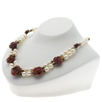 Rhodonite Flower Motif Rose Quartz Freshwater Pearl 3 Piece Set Necklace Silver g　Ladies