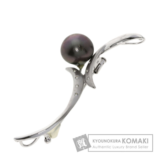 Black Pearl Pearl Diamond Brooch K14 White Gold  9.5g　Ladies