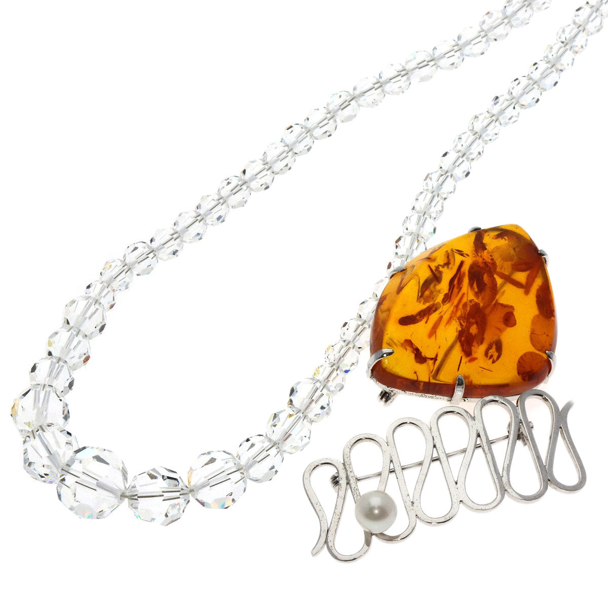 Crystal Amber Necklace Brooch 3-piece set Necklace   g　Ladies