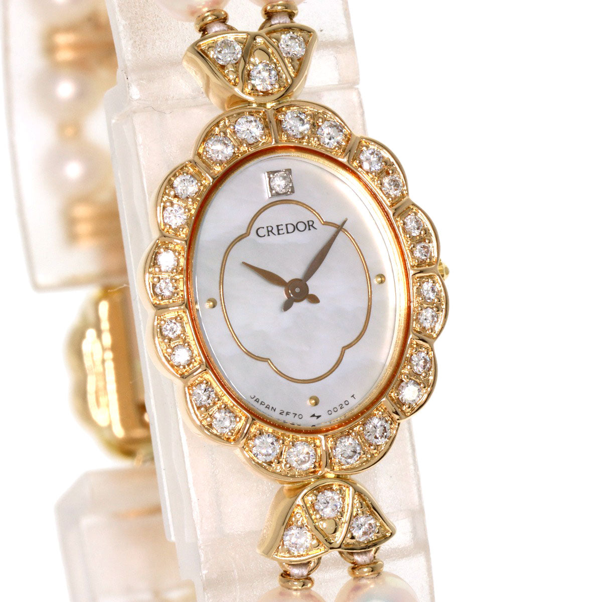 SEIKO CREDOR Pearl Pearl DiamondBezel Watches 2F70-5010 K18 Yellow Gold/Pearl Ladies