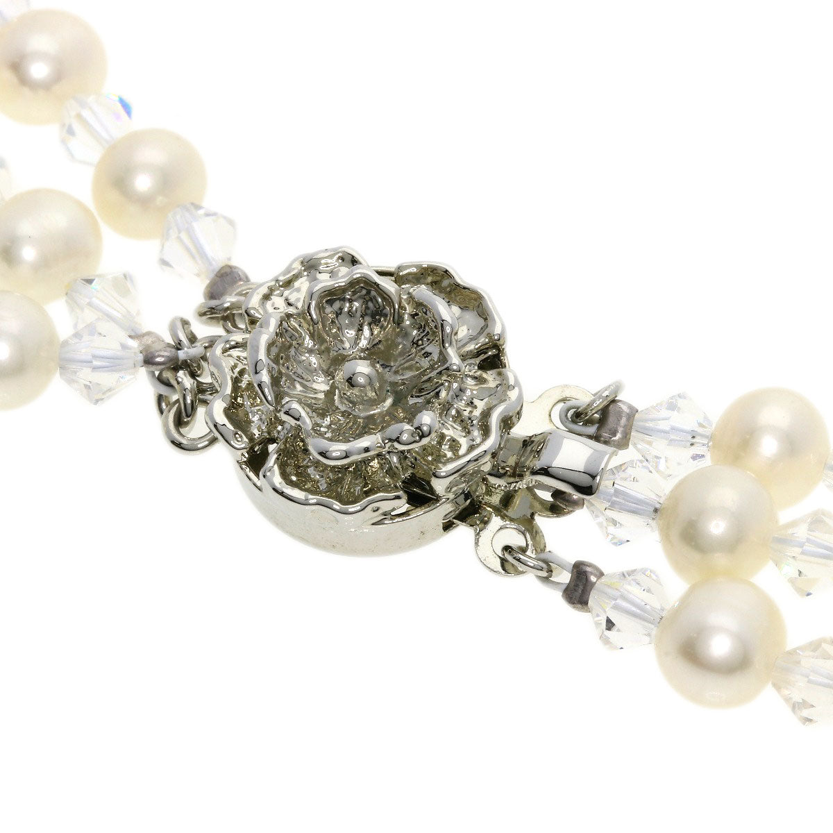 Freshwater Pearl Pearl Crystal 3 rows Necklace Silver 51.1g　Ladies