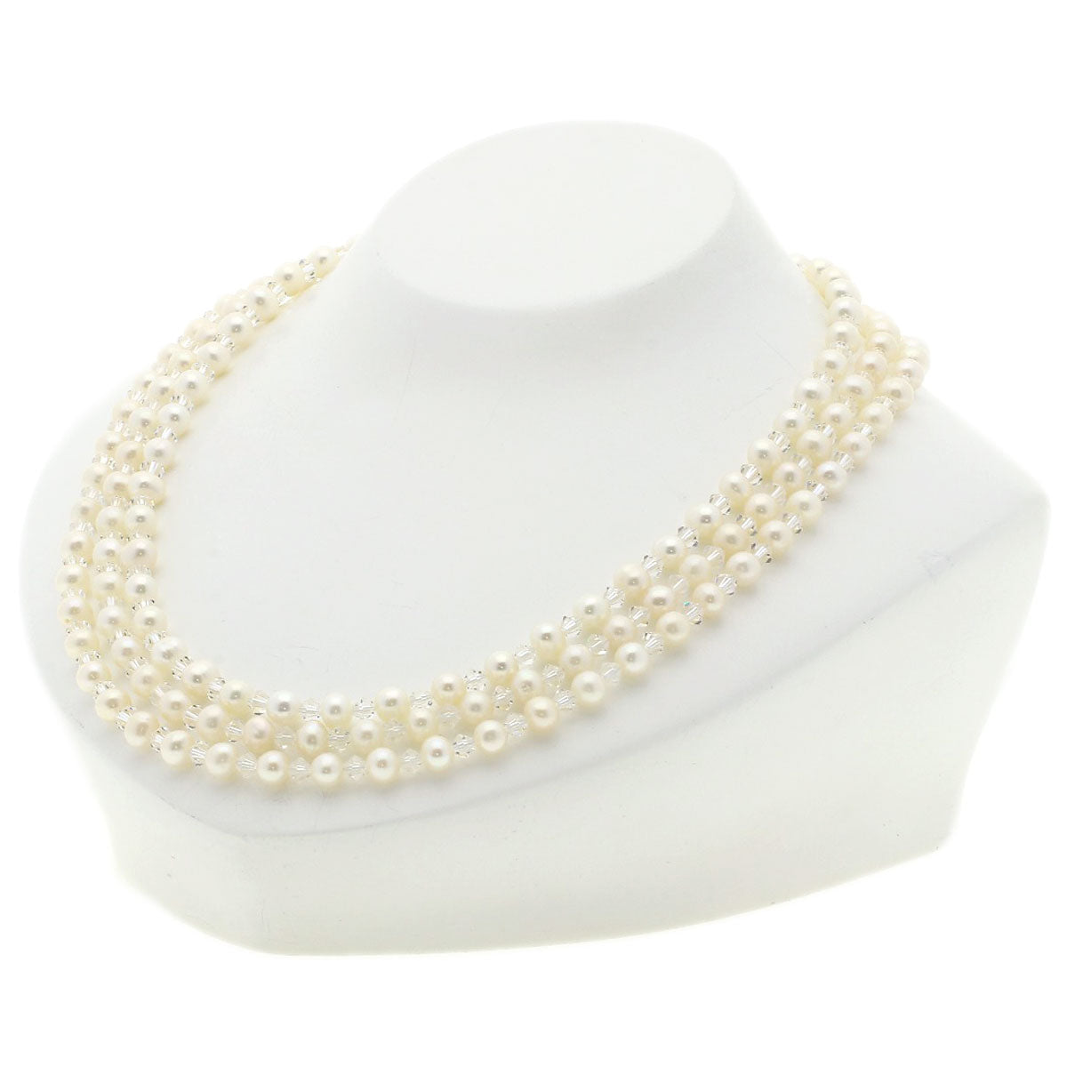 Freshwater Pearl Pearl Crystal 3 rows Necklace Silver 51.1g　Ladies