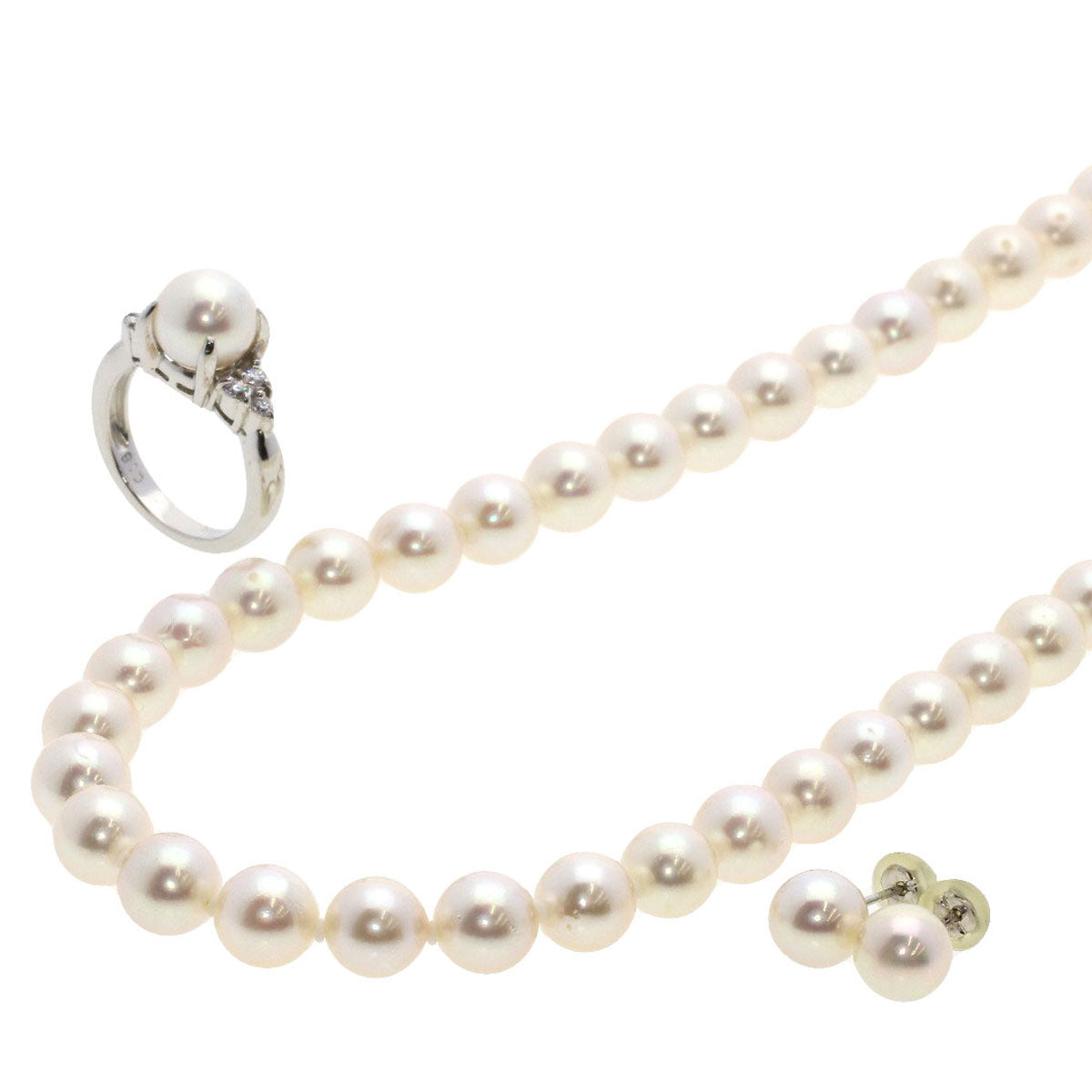 Akoya pearl necklace, ring and earring set of 3 Ring Silver  44.9g　Ladies