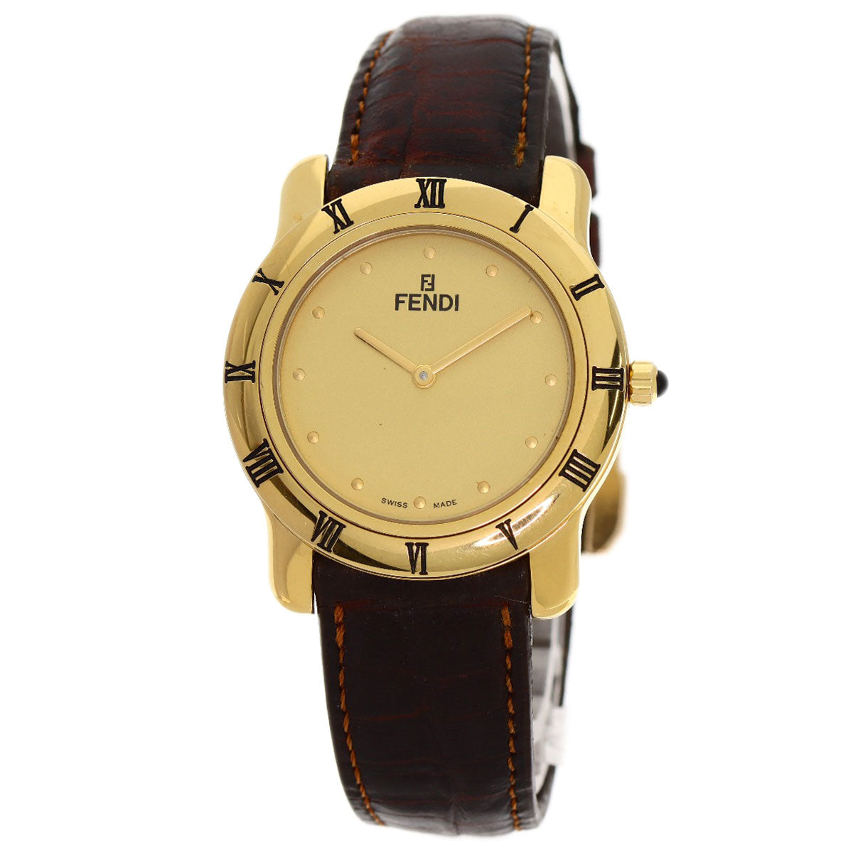 FENDI Round face Watches 850G Gold Plated/Leather mens