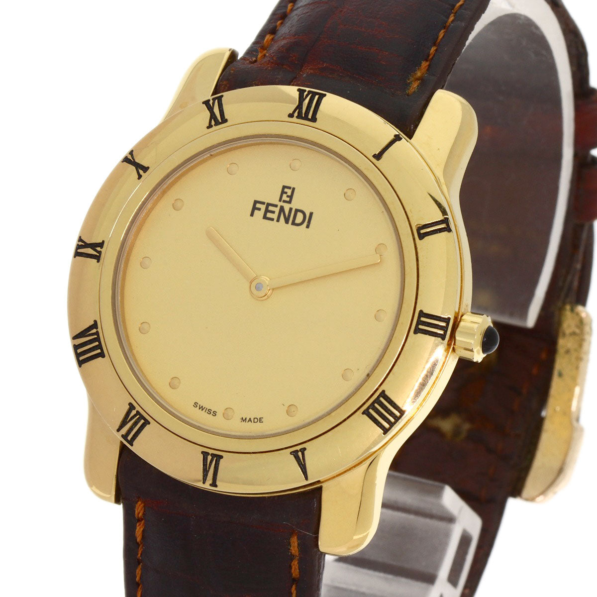 FENDI Round face Watches 850G Gold Plated/Leather mens