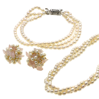 Freshwater Pearl Earring Bracelet 3-piece set Necklace Metal 53.1g　Ladies