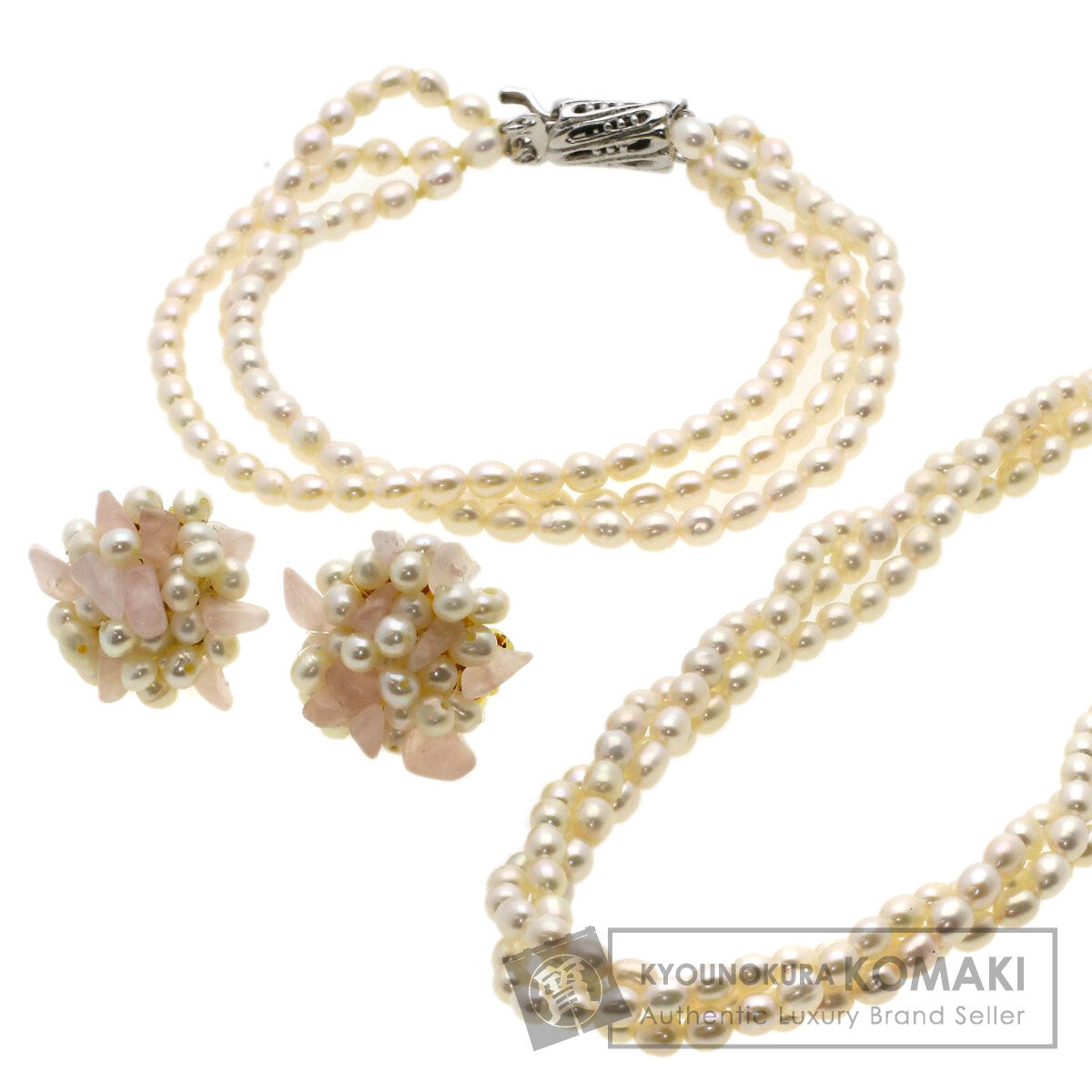 Freshwater Pearl Earring Bracelet 3-piece set Necklace Metal 53.1g　Ladies