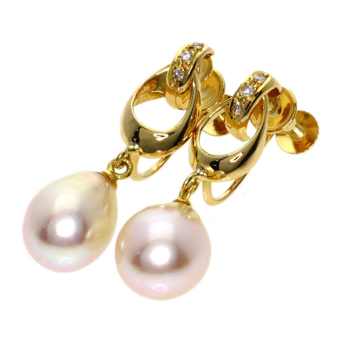 0.02ct Pearl Pearl Diamond Earring K18 Yellow Gold  4.1g　Ladies