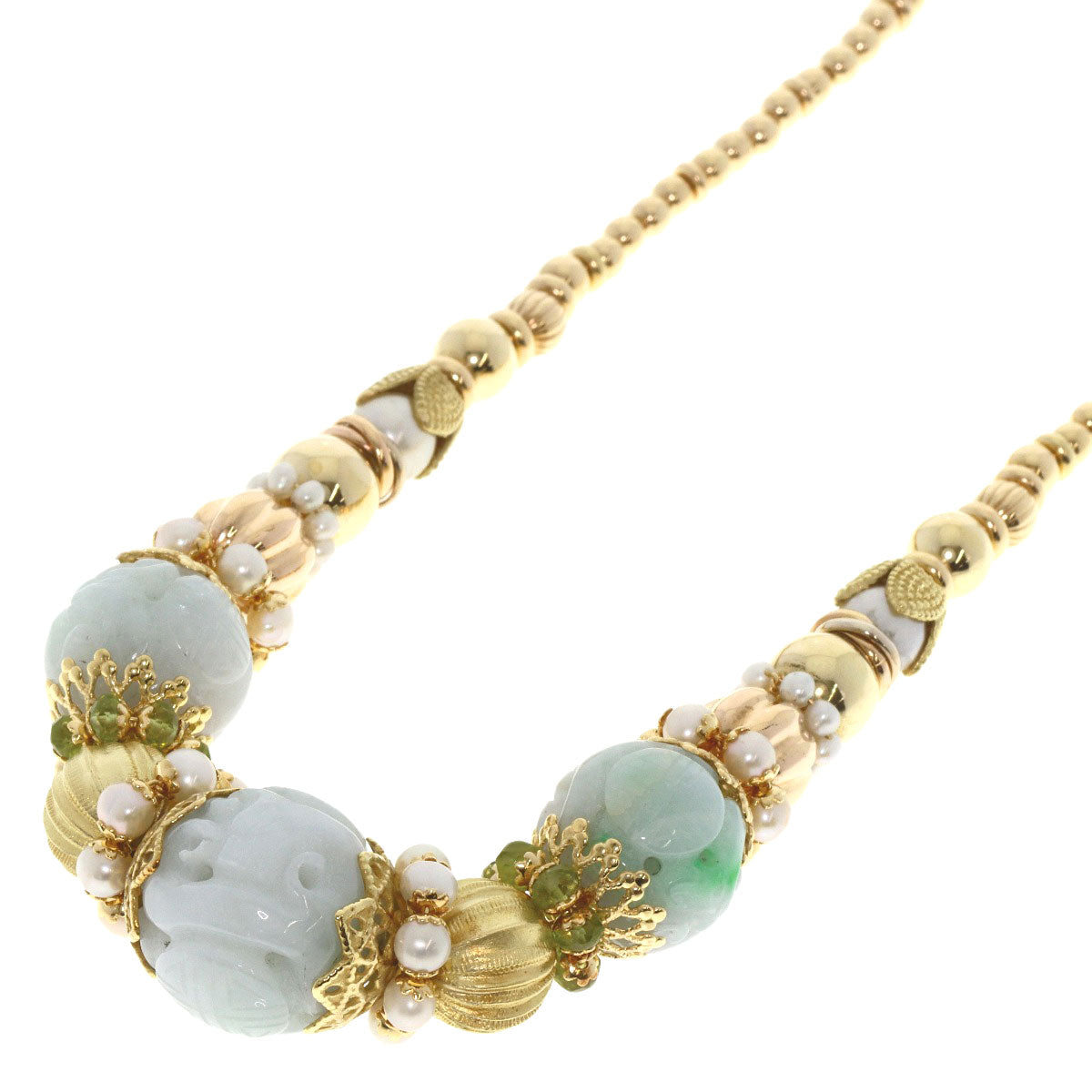 Jade Jade stone Pearl Pearl Color stone Necklace K18 Yellow Gold  91.6g　Ladies