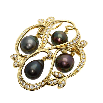Queen Black Pearl Pearl Diamond Brooch K18 Yellow Gold Ladies [Used]
