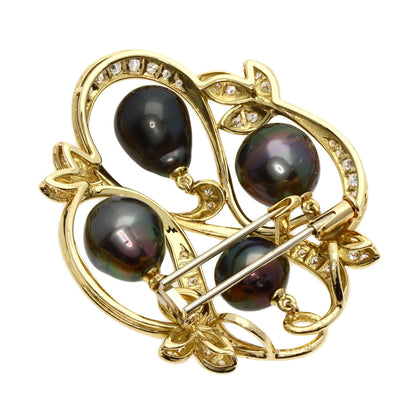 Queen Black Pearl Pearl Diamond Brooch K18 Yellow Gold Ladies [Used]