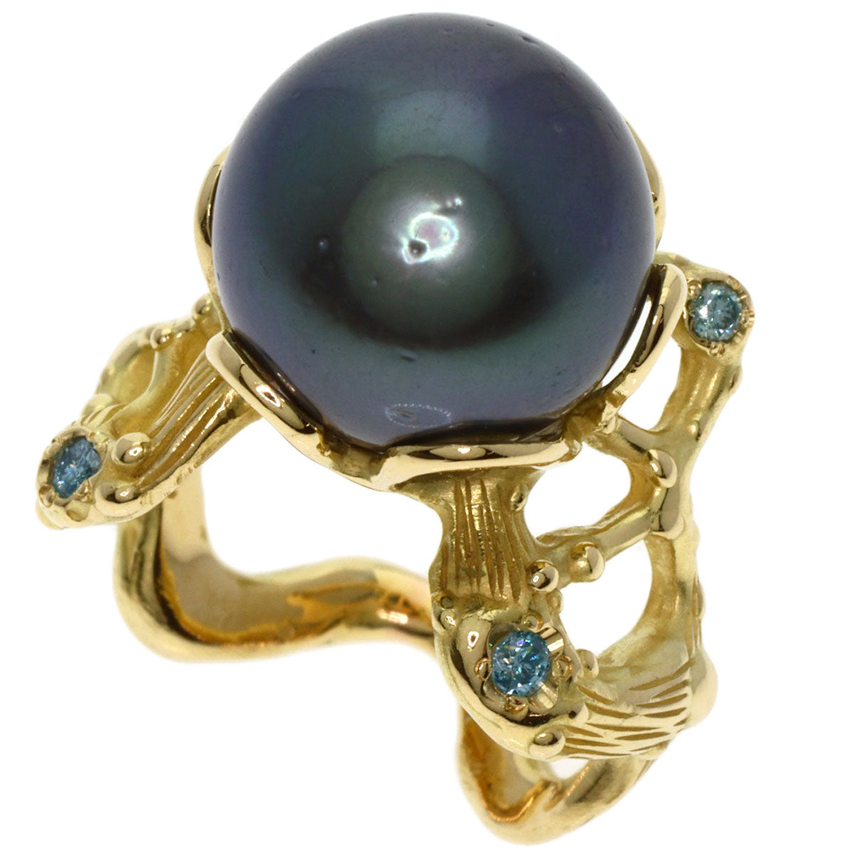 SHUN TAMURA Black Pearl Pearl Diamond Ring K18 Yellow Gold Ladies [Used]