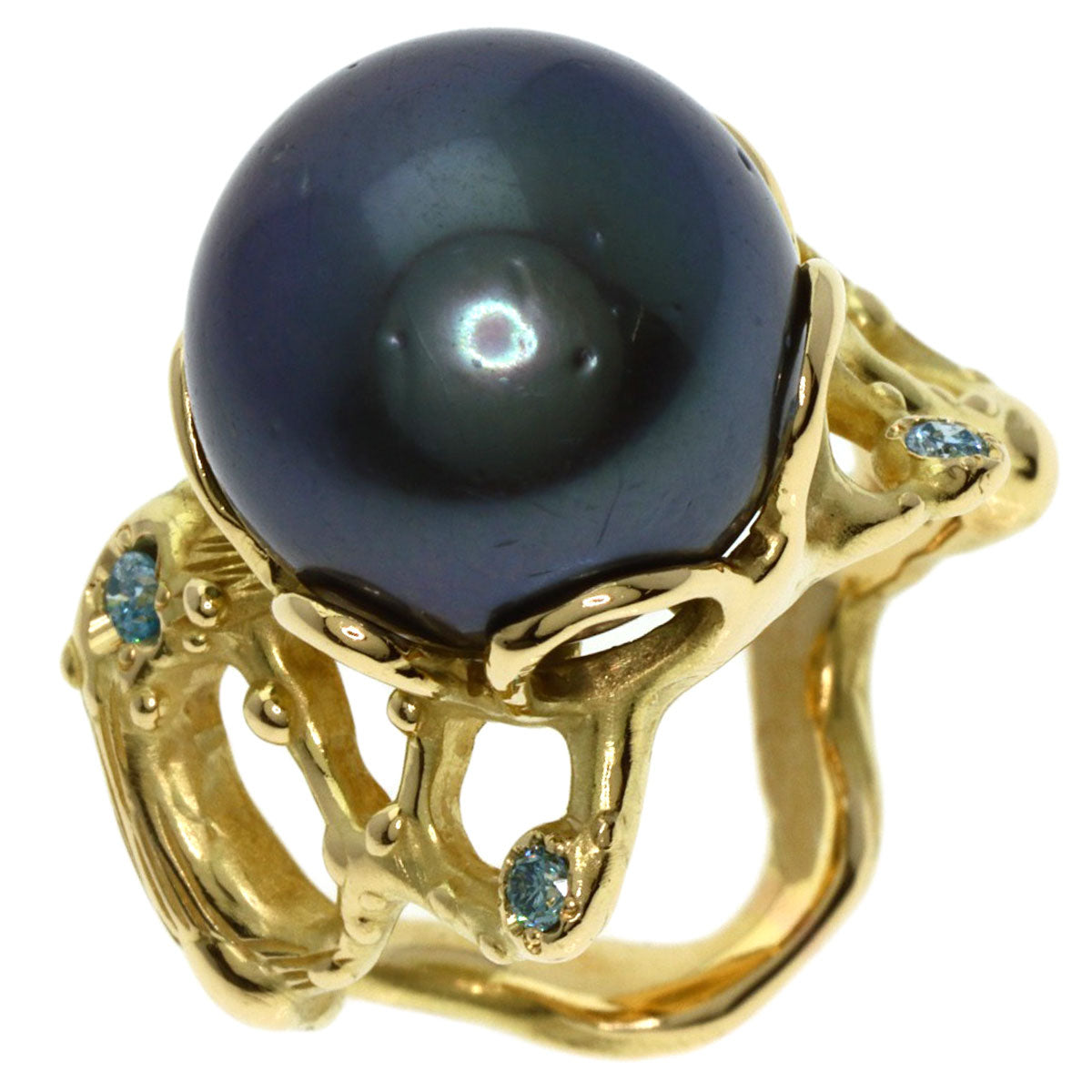 SHUN TAMURA Black Pearl Pearl Diamond Ring K18 Yellow Gold Ladies [Used]