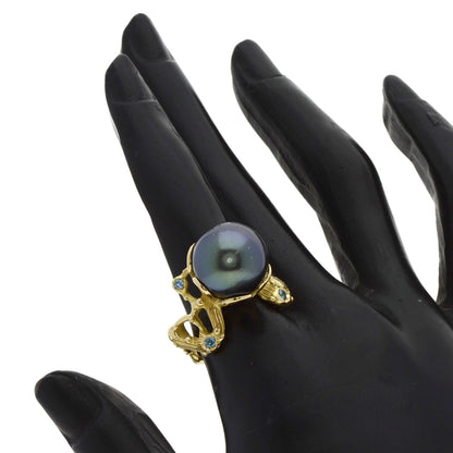 SHUN TAMURA Black Pearl Pearl Diamond Ring K18 Yellow Gold Ladies [Used]