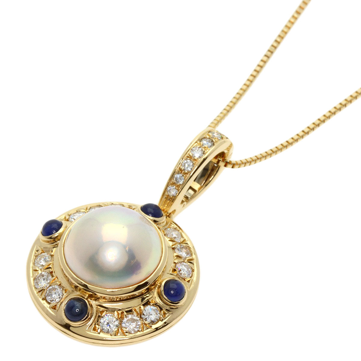 Mabe Pearl Sapphire Diamond Necklace K18 Yellow Gold  15.3g　Ladies