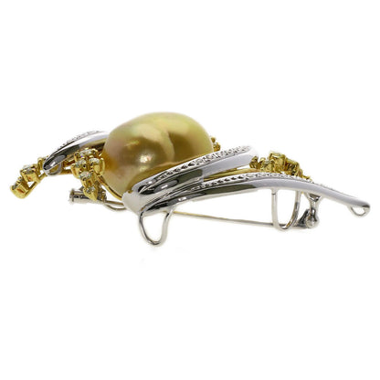 Golden  Pearl Diamond Brooch K18 Yellow Gold K18 White Gold 23.7g　Ladies