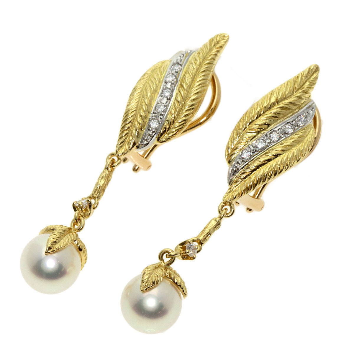 Akoya Pearl Pearl Diamond Earring K18 Yellow Gold PT950 10.3g　Ladies