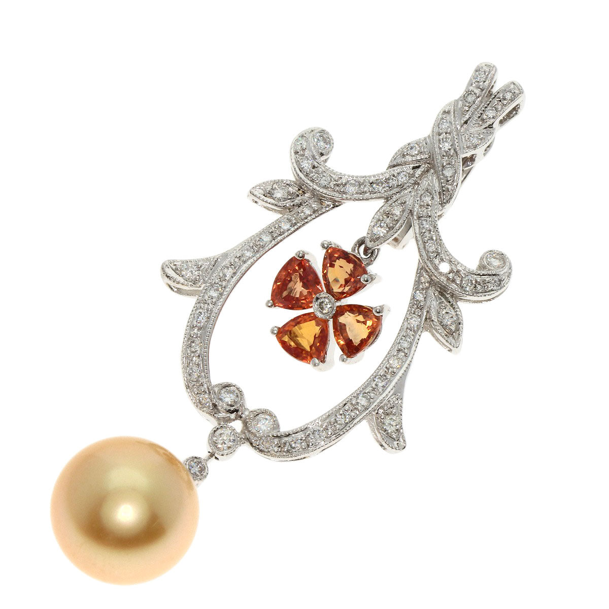 1.48ct Pearl Pearl Orange Sapphire Diamond Pendant top K18 White Gold K14WG 8.56g　Ladies