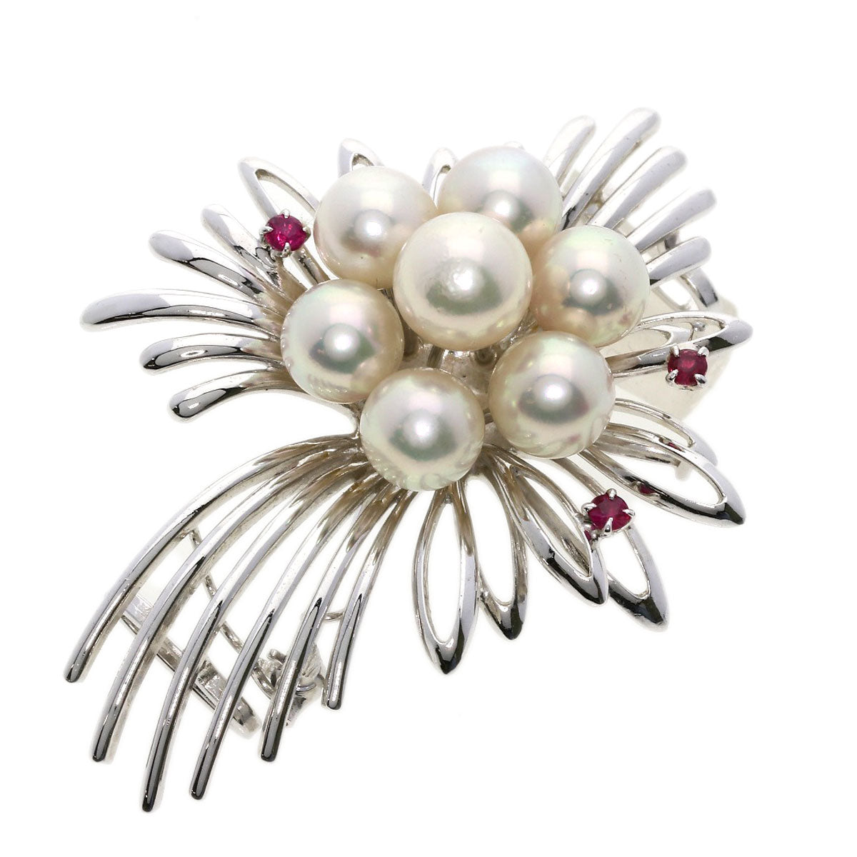 Akoya Pearl Pearl Ruby Brooch K14 White Gold  12.3g　Ladies