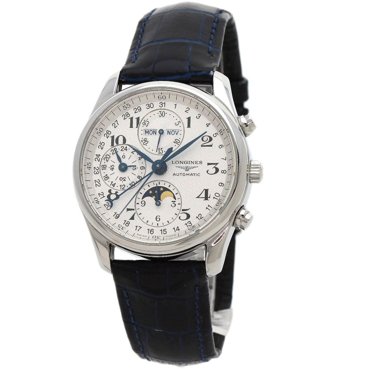 LONGINES Master Collection Chrono Triple Calendar Moon Phase Watches L2.673.4 Stainless Steel/Leather mens