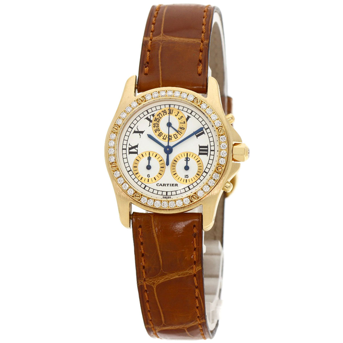 CARTIER Santos Round Chrono Reflex Watches K18 Yellow Gold/Leather Ladies